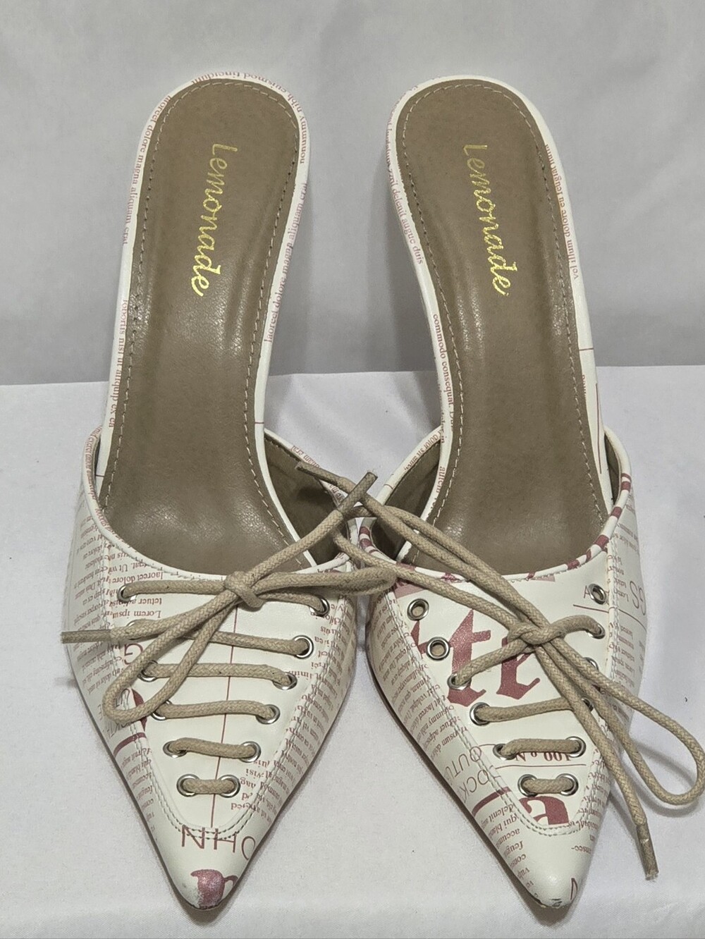 LEMONADE Newspaper Print Lace Up Corset Pointed Toe Mules Heeled Pumps Y2K